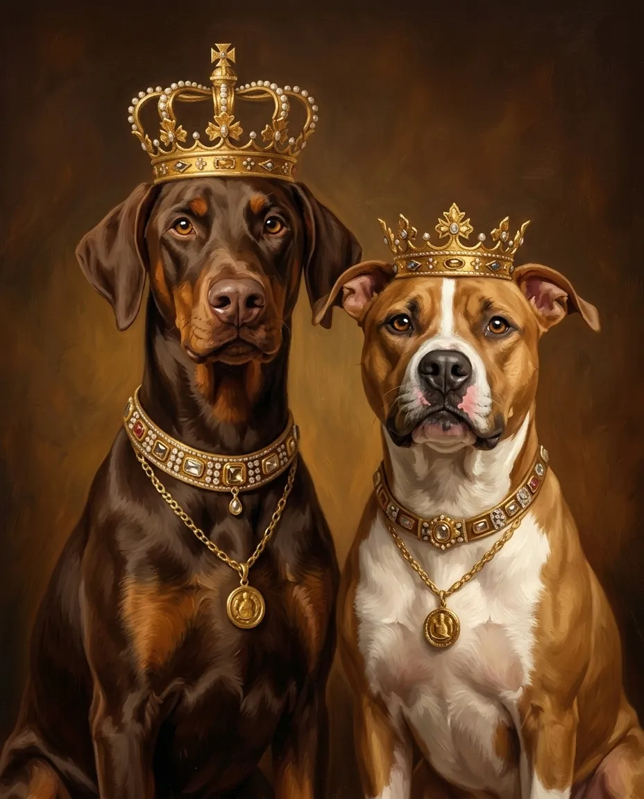 Sample royal portrait of a doberman and a pit bull