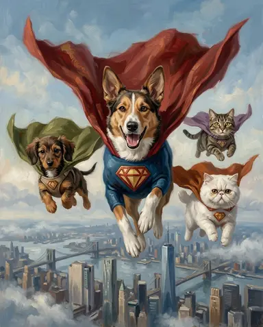 Sample superhero portrait of 2 cats and 2 dogs